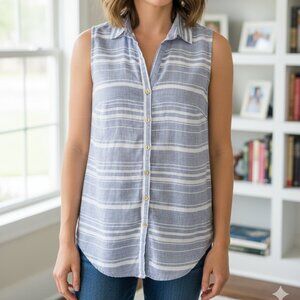 ⭐ Ellen Tracy Blue & White Striped Linen Sleeveless top size Medium